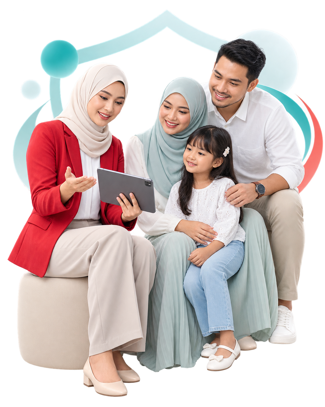 Keluarga berbincang tentang perlindungan Takaful bersama perunding